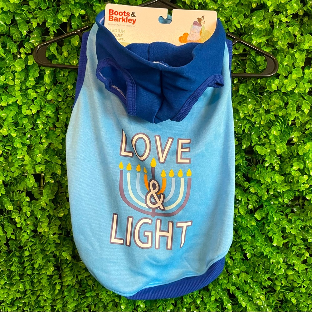 Hanukkah "Love & Light" Blue Menorah Dog Hoodie Large NWT Boots & Barkley